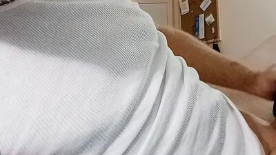 Older guy with a beard and glasses uses a fleshlight