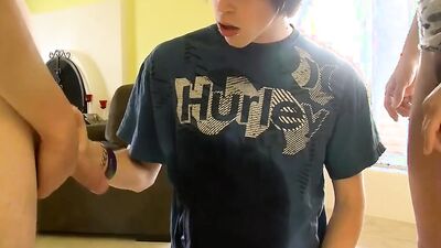 Kinky emo twink Tyler Bolt peed on while sucking two dicks