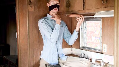 Skinny gay chap is having some fun inside his trailer