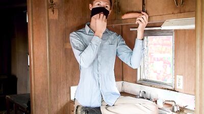 Skinny gay chap is having some fun inside his trailer