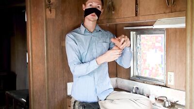 Skinny gay chap is having some fun inside his trailer