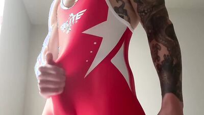 Wrestling Singlet Cum Bi Big Dick Jock Muscle Hunk Jerking Off In & Through Spandex Lycra Singlet