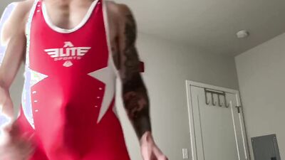 Wrestling Singlet Cum Bi Big Dick Jock Muscle Hunk Jerking Off In & Through Spandex Lycra Singlet