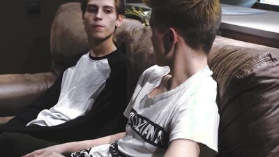 Two handsome gay blokes are barebacking hard on the couch