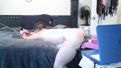 Submissive guy tied up and bent over to cum on a fucking machine