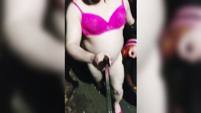 Amateur femboy is walking and filming himself out in the open