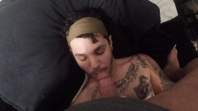Cum thirsty bloke gets his mouth filled with roommate's big dick