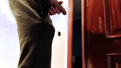Handjob From Hot Amateur Guy With Big Cock, Shoots At The Door