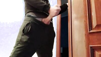 Handjob From Hot Amateur Guy With Big Cock, Shoots At The Door