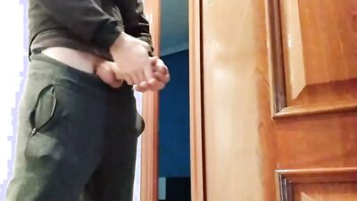 Handjob From Hot Amateur Guy With Big Cock, Shoots At The Door