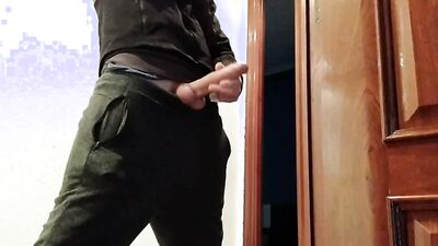 Handjob From Hot Amateur Guy With Big Cock, Shoots At The Door
