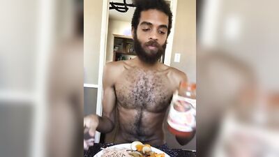 Cute and hairy dude with a sexy beard reviews food naked