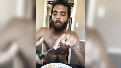 Cute and hairy dude with a sexy beard reviews food naked