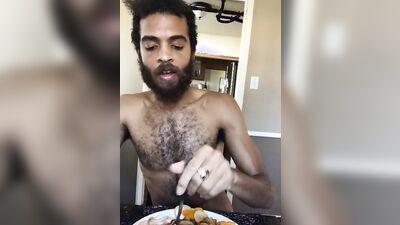 Cute and hairy dude with a sexy beard reviews food naked
