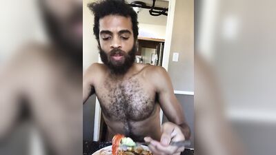 Cute and hairy dude with a sexy beard reviews food naked