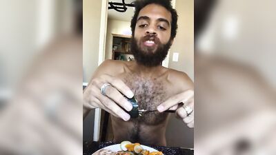 Cute and hairy dude with a sexy beard reviews food naked