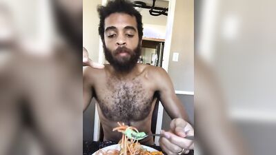 Cute and hairy dude with a sexy beard reviews food naked
