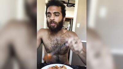 Cute and hairy dude with a sexy beard reviews food naked