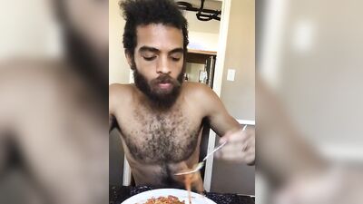 Cute and hairy dude with a sexy beard reviews food naked