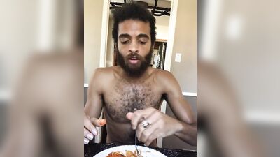 Cute and hairy dude with a sexy beard reviews food naked