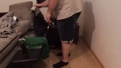 Chubby man sits on a suction cup dildo and rides it