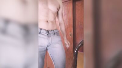 Bulge un tight jeans - Lots of precum and slapping balls until cum!