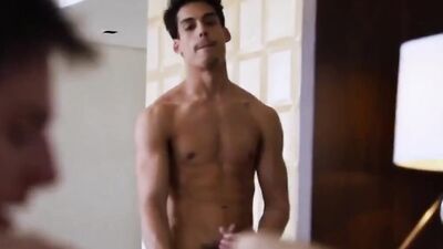 One dude is jerking off while watching the other two having sex