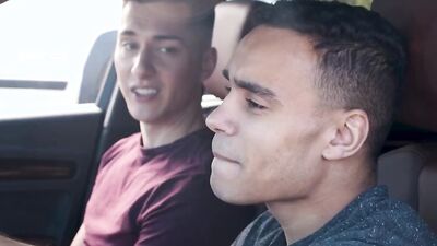 Gay buddies Anthony Moore & Tristan Hunter are lovemaking on the couch