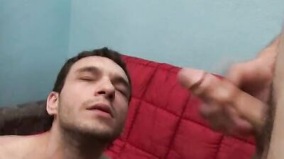 Gay chum is splashed with semen after being fucked in the bum