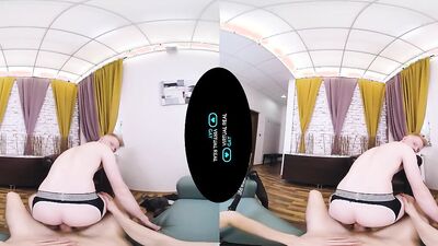 Vr video of a skinny twink jumping on his boyfriend's phallus