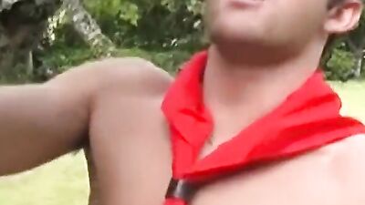 Skinny scout buddies are shagging on the swing by their tent