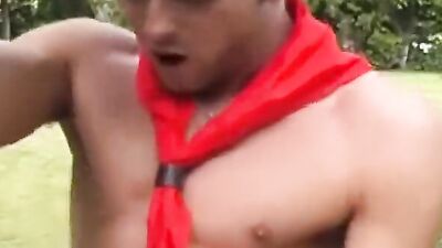 Skinny scout buddies are shagging on the swing by their tent