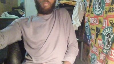 ROCK MERCURY JERKS HIS HUGE HAIRY DICK LATE NIGHT IN HOME OFFICE BALLS BOUNCE CUMS ON SEXY PUBES