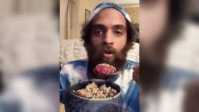 Bearded lad Rock Mercury is chatting with his fans while stuffing
