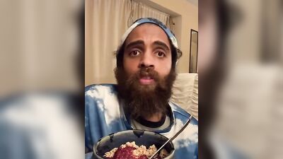 Bearded lad Rock Mercury is chatting with his fans while stuffing