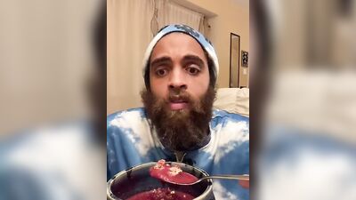 Bearded lad Rock Mercury is chatting with his fans while stuffing