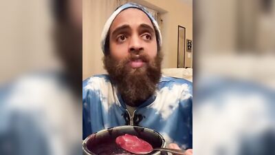 Bearded lad Rock Mercury is chatting with his fans while stuffing