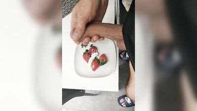 The Pig with a Big Cock Eats Strawberries and Cream Spread on his Dick for Breakfast