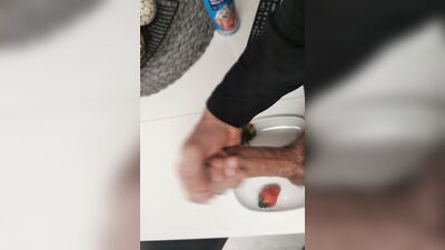 The Pig with a Big Cock Eats Strawberries and Cream Spread on his Dick for Breakfast