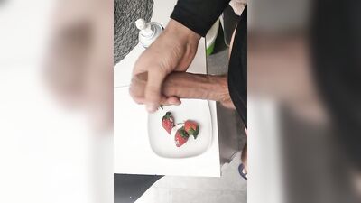 The Pig with a Big Cock Eats Strawberries and Cream Spread on his Dick for Breakfast