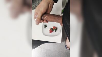 The Pig with a Big Cock Eats Strawberries and Cream Spread on his Dick for Breakfast