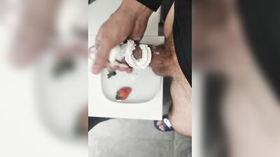 The Pig with a Big Cock Eats Strawberries and Cream Spread on his Dick for Breakfast