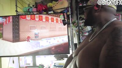 Fat black guy puts cock rings on and jerks off