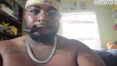 Fat black guy puts cock rings on and jerks off