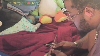 Fat black guy has cock rings while jerking off solo