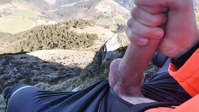 Jock in Fishnet Jerks his Big Fat Cock and Cums on Top of the Mountain ????????????