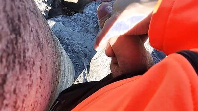 Jock in Fishnet Jerks his Big Fat Cock and Cums on Top of the Mountain ????????????