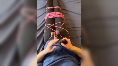 Kinky guy ties up himself and plays with his hard cock