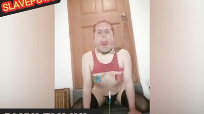 Ball-gagged sissy is torturing himself in front of the webcam