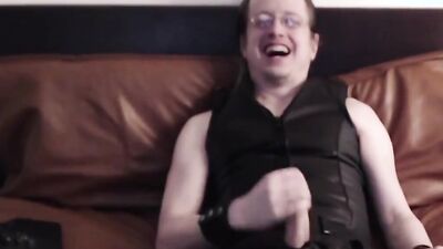 Webcam session in leather, loud orgasm with cum eating